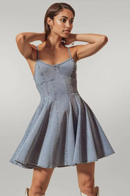 SO ME A Line Fit and Flare Denim Mini Dress DENIM