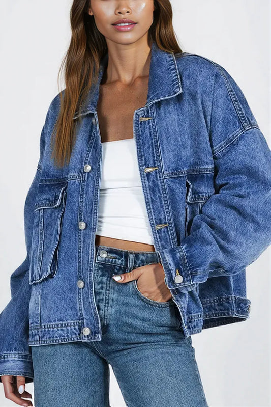 Collared Neck Button Up Denim Jacket Blue