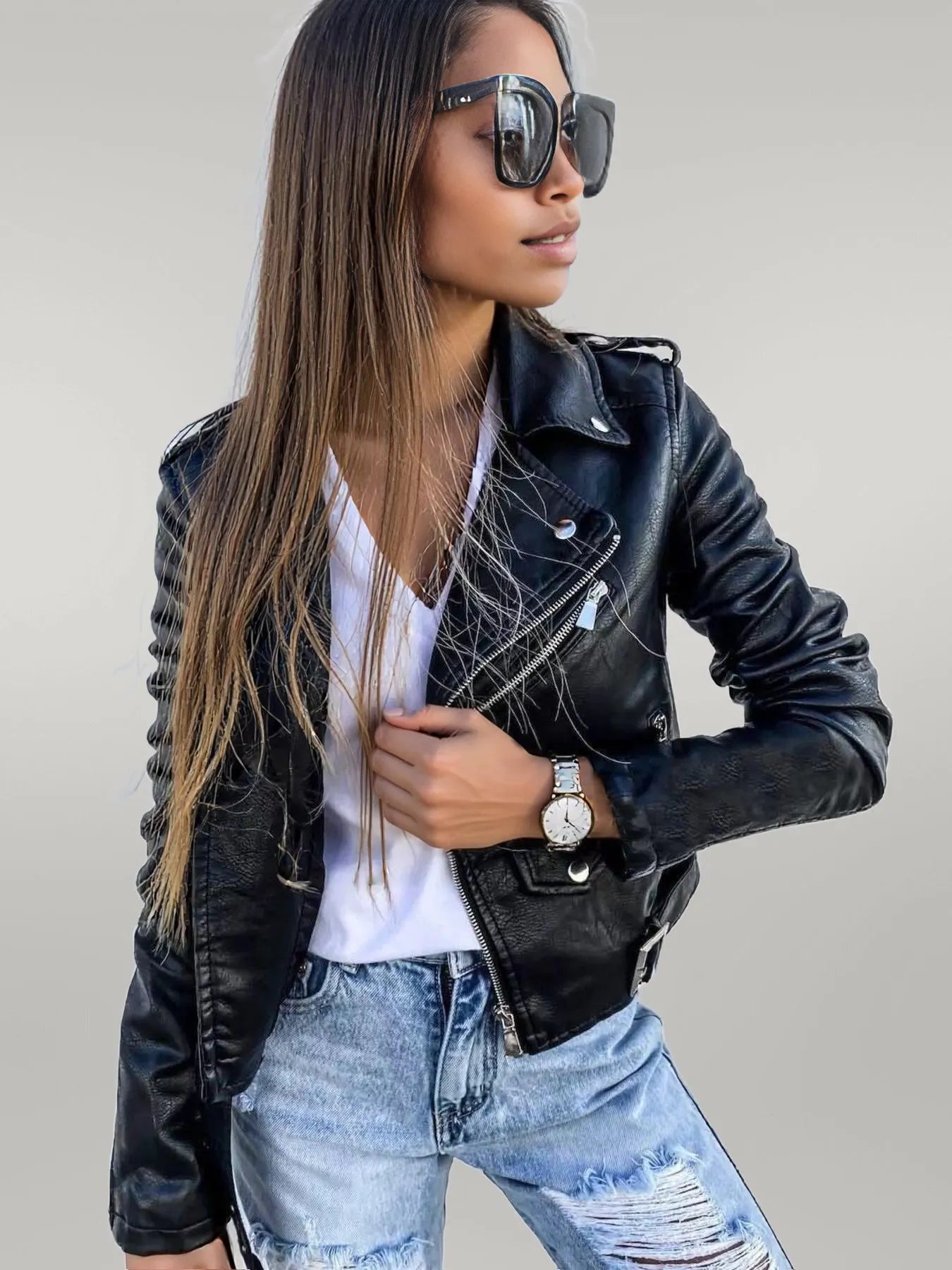 Full Size Zip Up Leather Motorcycle Biker Jacket Black