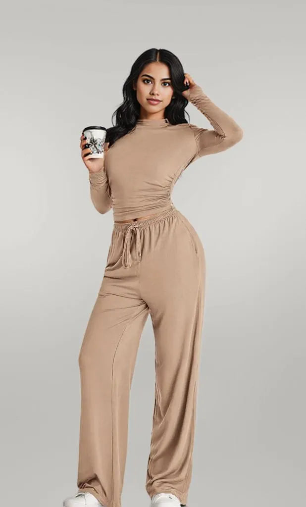 Round Neck Long Sleeve Top and Pants Set