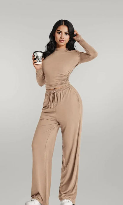 Round Neck Long Sleeve Top and Pants Set
