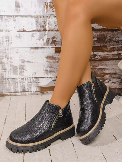 Round Toe Side Zip Ankle Boots