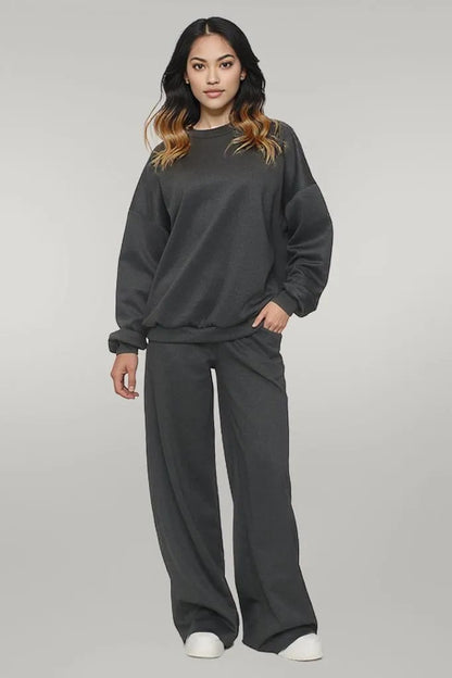 Wide Leg Tracksuit with Oversized Ribbed Sweatshirt: Women's Loungewear Set grey