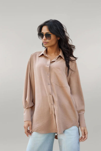 asymmetrical oversize cut Long sleeve shirt beige 3