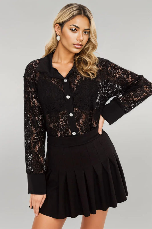 Women's lace shirt Long sleeve shirt black EU one-size-fits-all | US one-size