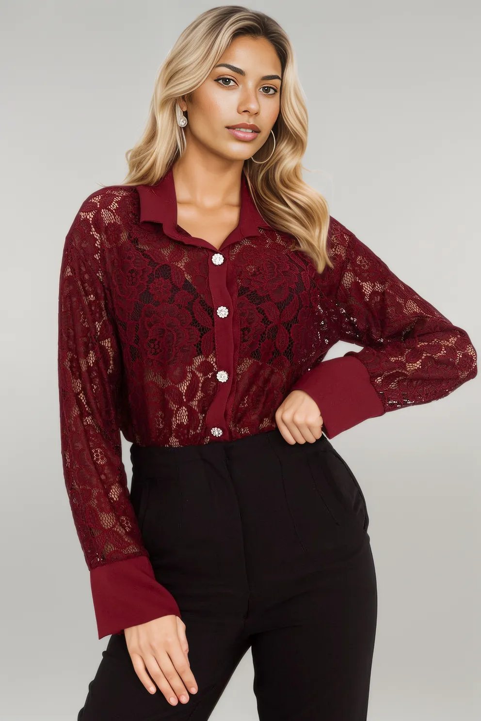 Women's lace shirt Long sleeve shirt red EU one-size-fits-all | US one-size