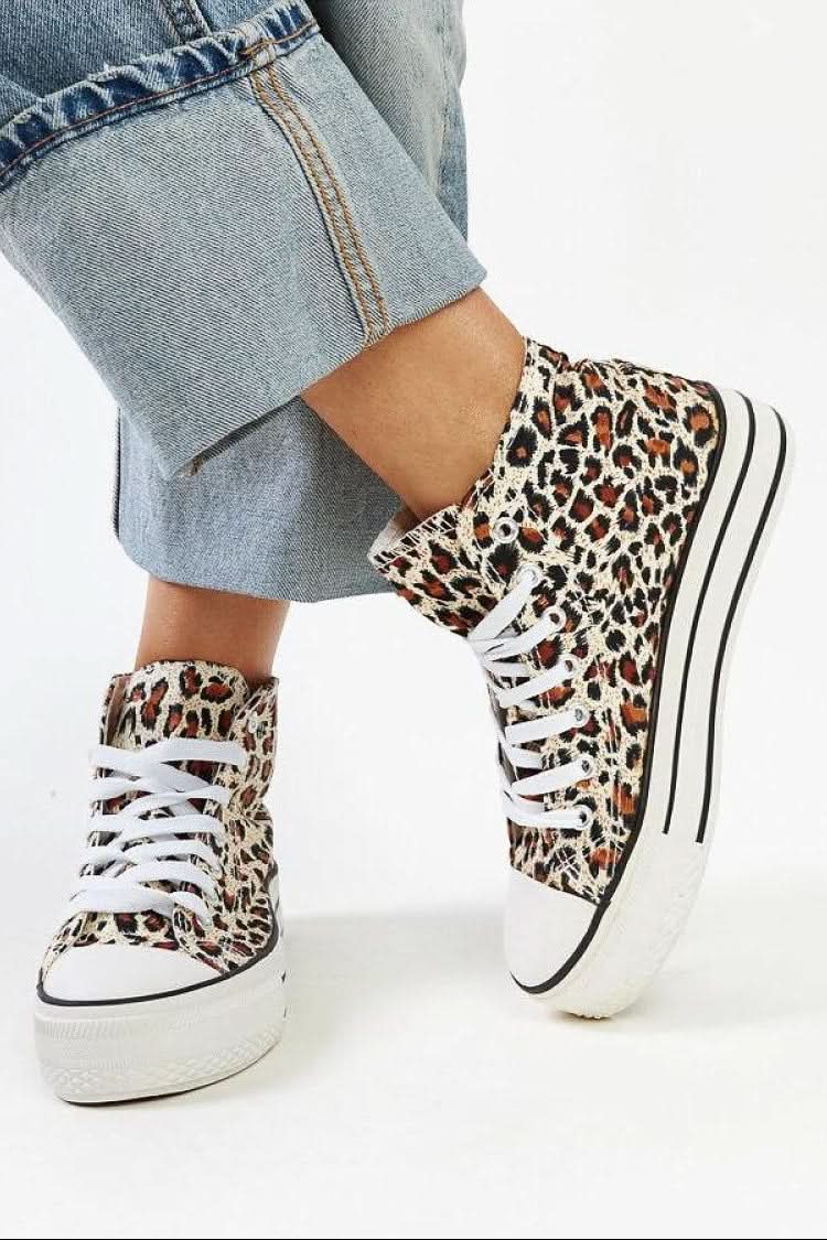 Orange High-top sneakers in leopard print with a thick sole sneakers