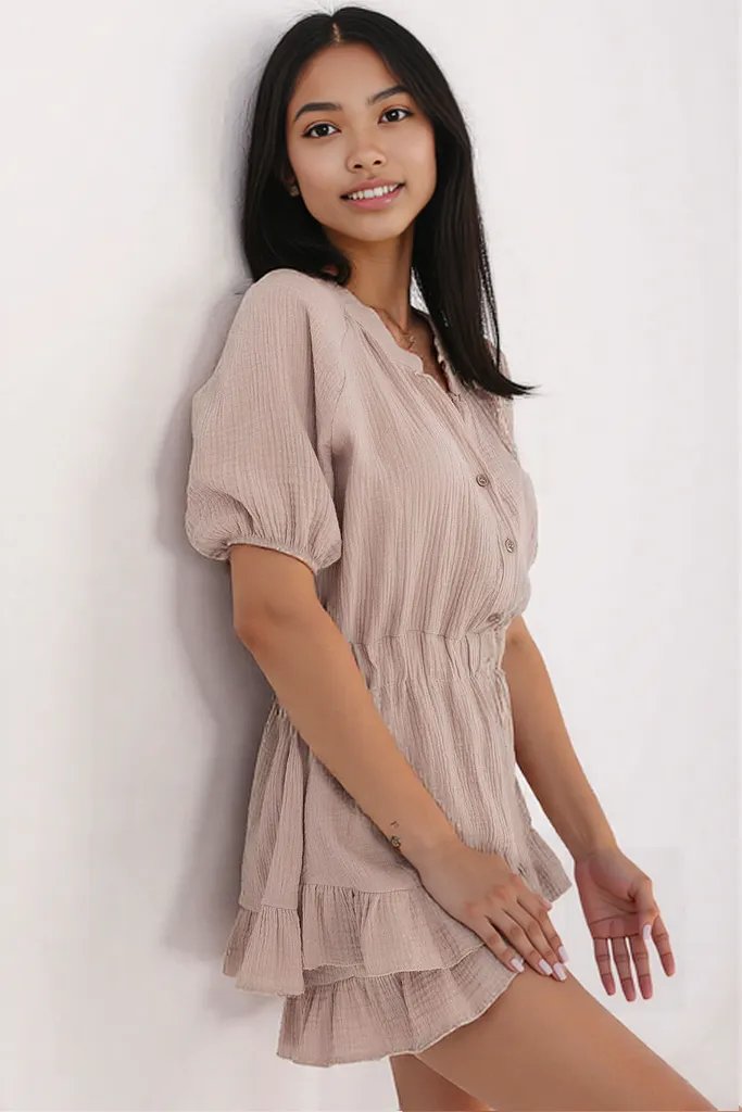 Feminine Muslin Romper Dress (Beige)