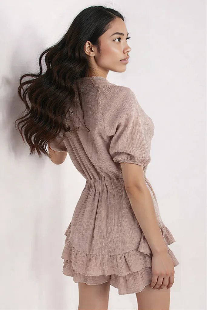 Feminine Muslin Romper Dress (Beige)