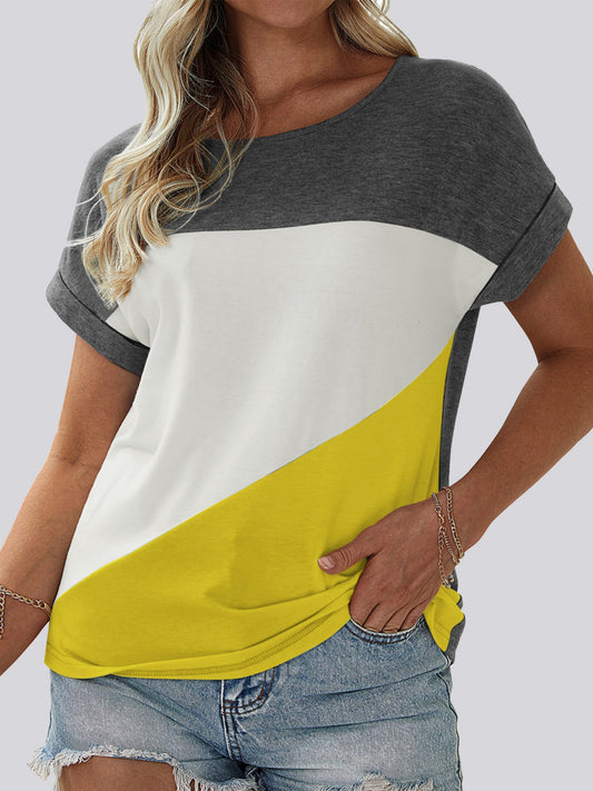 FAM-FAM Color Block Round Neck Short Sleeve White