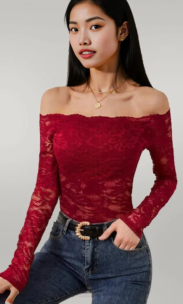 Off-Shoulder Long Sleeve Lace Top