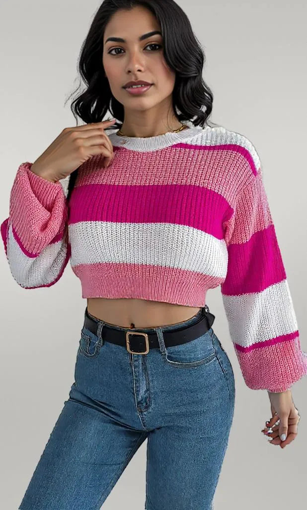 Color Block Round Neck Cropped Sweater