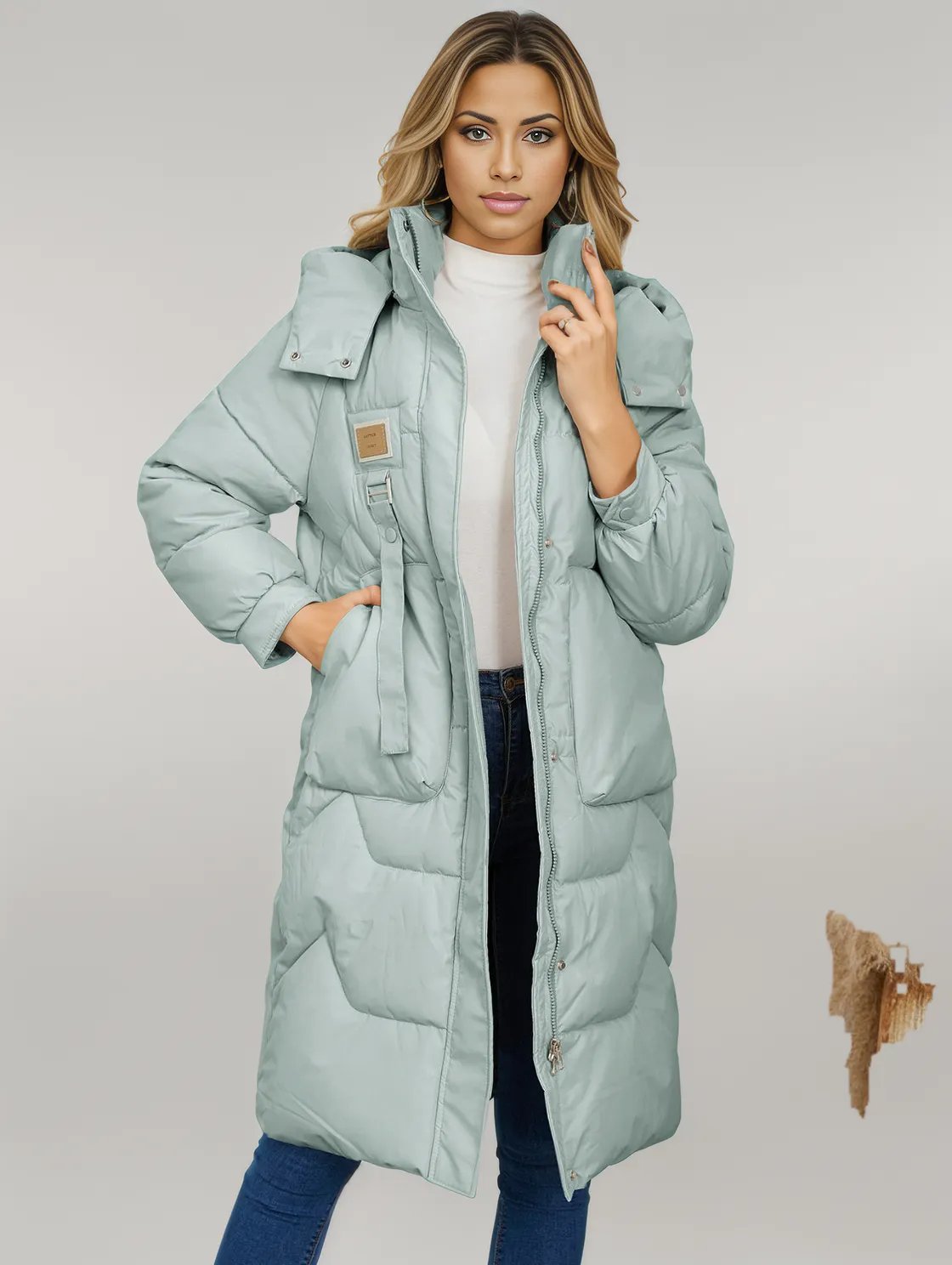 Long Sleeve Longline Hooded Winter Coat Sage