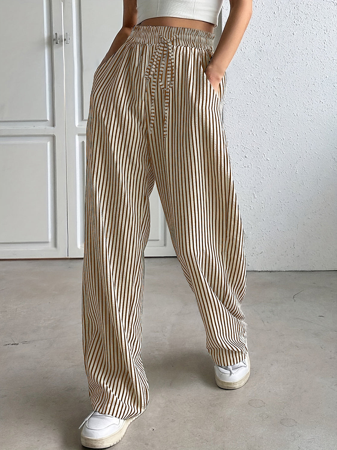 Drawstring Striped Elastic Waist Pants Tan