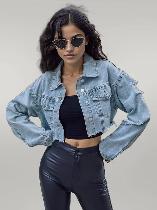 Distressed Raw Hem Cropped Denim Jacket Light