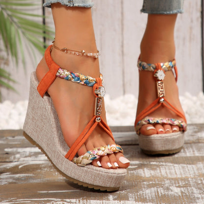 Braided Strap Wedge Sandals Orange