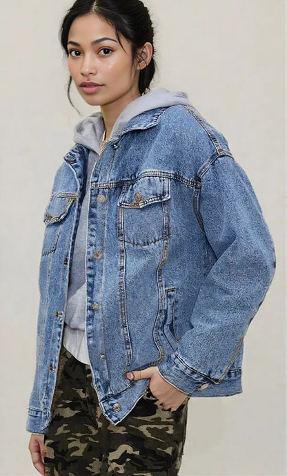 Button Up Collared Neck Long Sleeve Denim Jacket