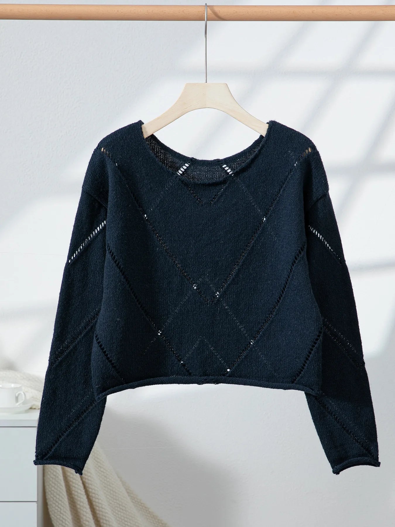 Openwork Boat Neck Long Sleeve Sweater