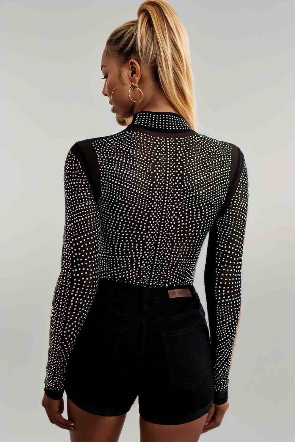 Rhinestone Mock Neck Long Sleeve Bodysuit