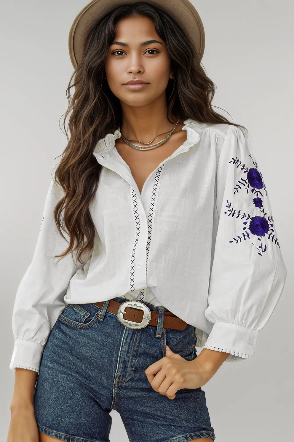 White Floral Embroidered Bracelet Sleeve Shirt