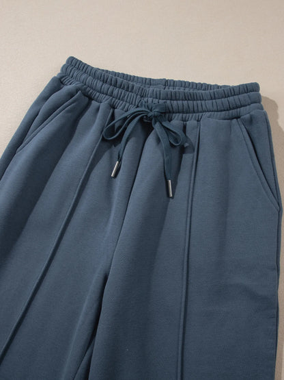 Collared Sweatshirt and High Waist Pants Active Set Dusty Blue
