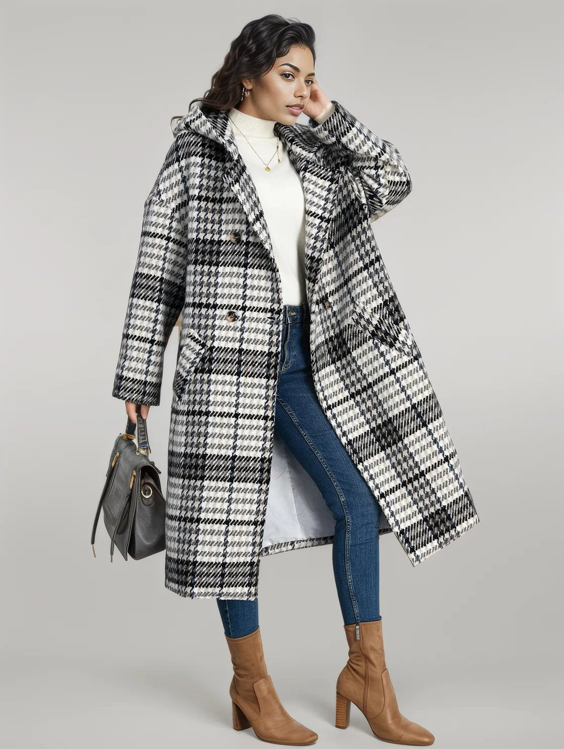 Plaid Double - Breasted Long Sleeve Longline Coat - coat - Trendsi