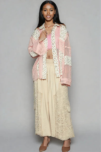 POL Floral Crochet Patchwork Long Sleeve Shirt