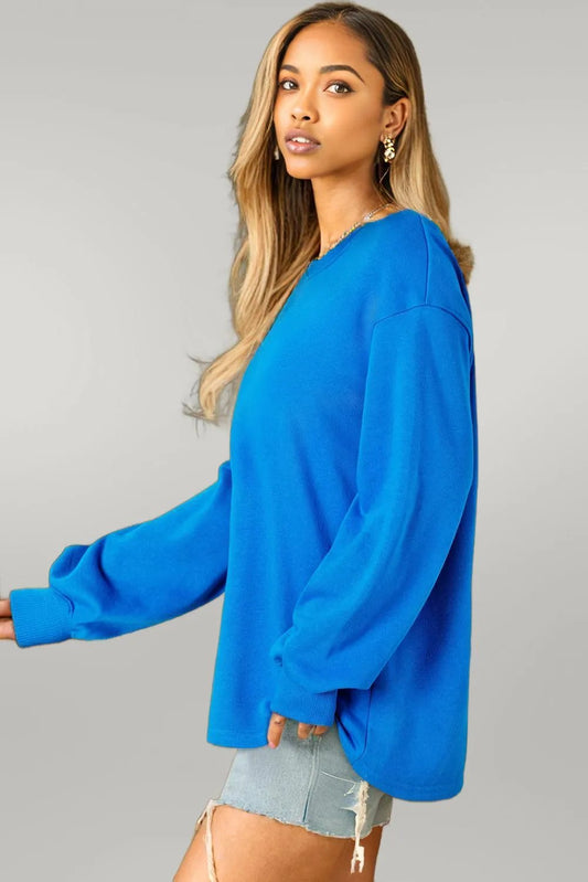 Sky Blue Solid Color Drop Shoulder Long Sleeve Basic Sweatshirt Sky Blue 50%Polyester+50%Cotton