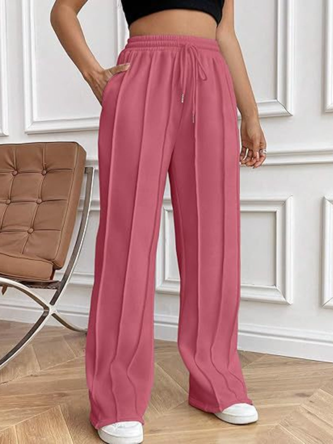 Drawstring Wide Leg Pants with Pockets Deep Rose