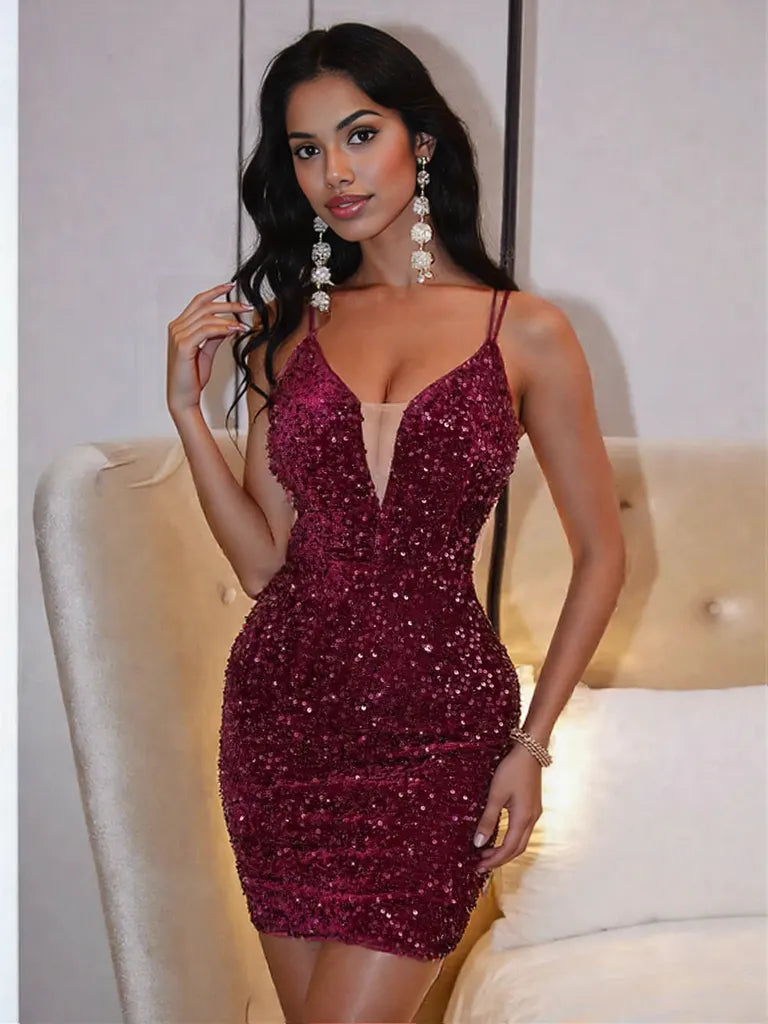 Lace-Up Sequin Plunge Sleeveless Dress Burgundy