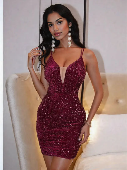Lace-Up Sequin Plunge Sleeveless Dress Burgundy