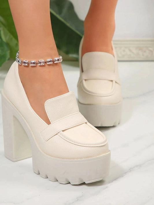 Round Toe Platform Block Heels Pumps