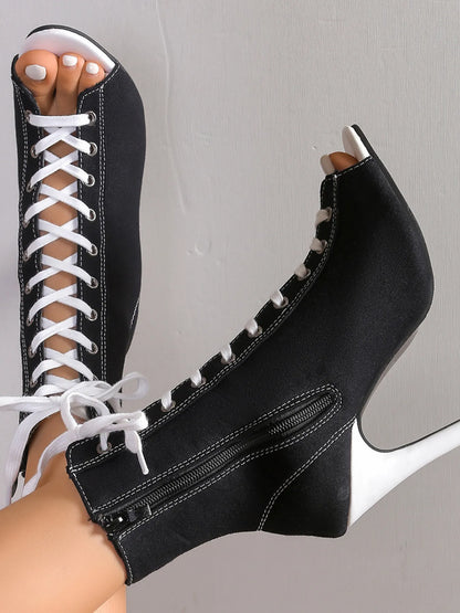 Canvas Lace-Up Peep Toe Stiletto Ankle Boots