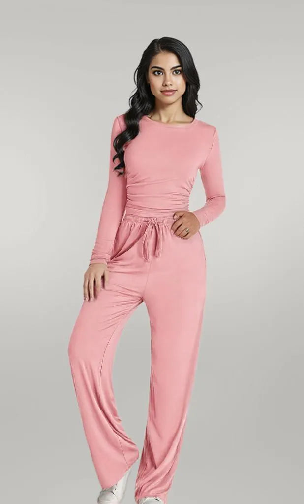 Round Neck Long Sleeve Top and Pants Set