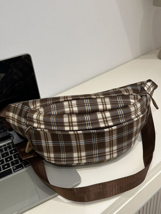 Plaid Adjustable Strap Crossbody Bag Brown One Size