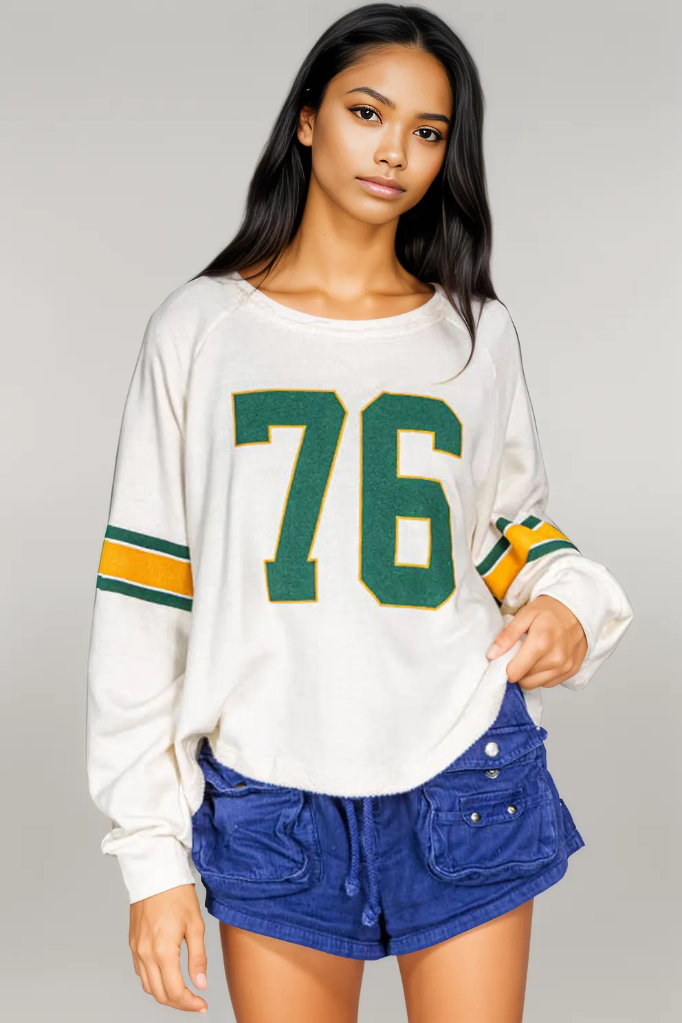 White Number 76 Printed Retro Sporty Long Sleeve Top