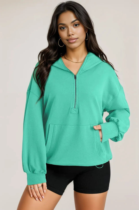 Pocketed Half Zip Long Sleeve Hoodie Turquoise