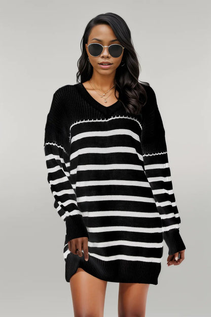 Striped V-Neck Drop Shoulder Sweater Dress Black