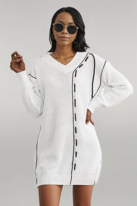 Contrast V-Neck Sweater Dress White