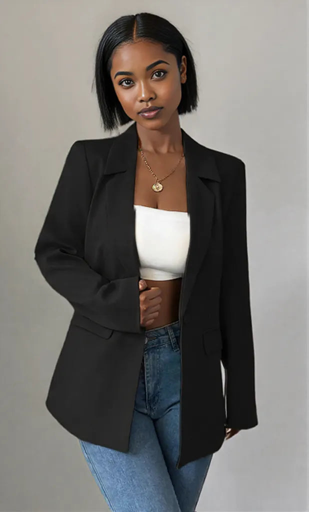 One Button Lapel Collar Blazer Black