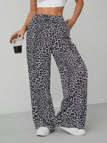 Leopard Print Wide Leg Pants Dark Gray