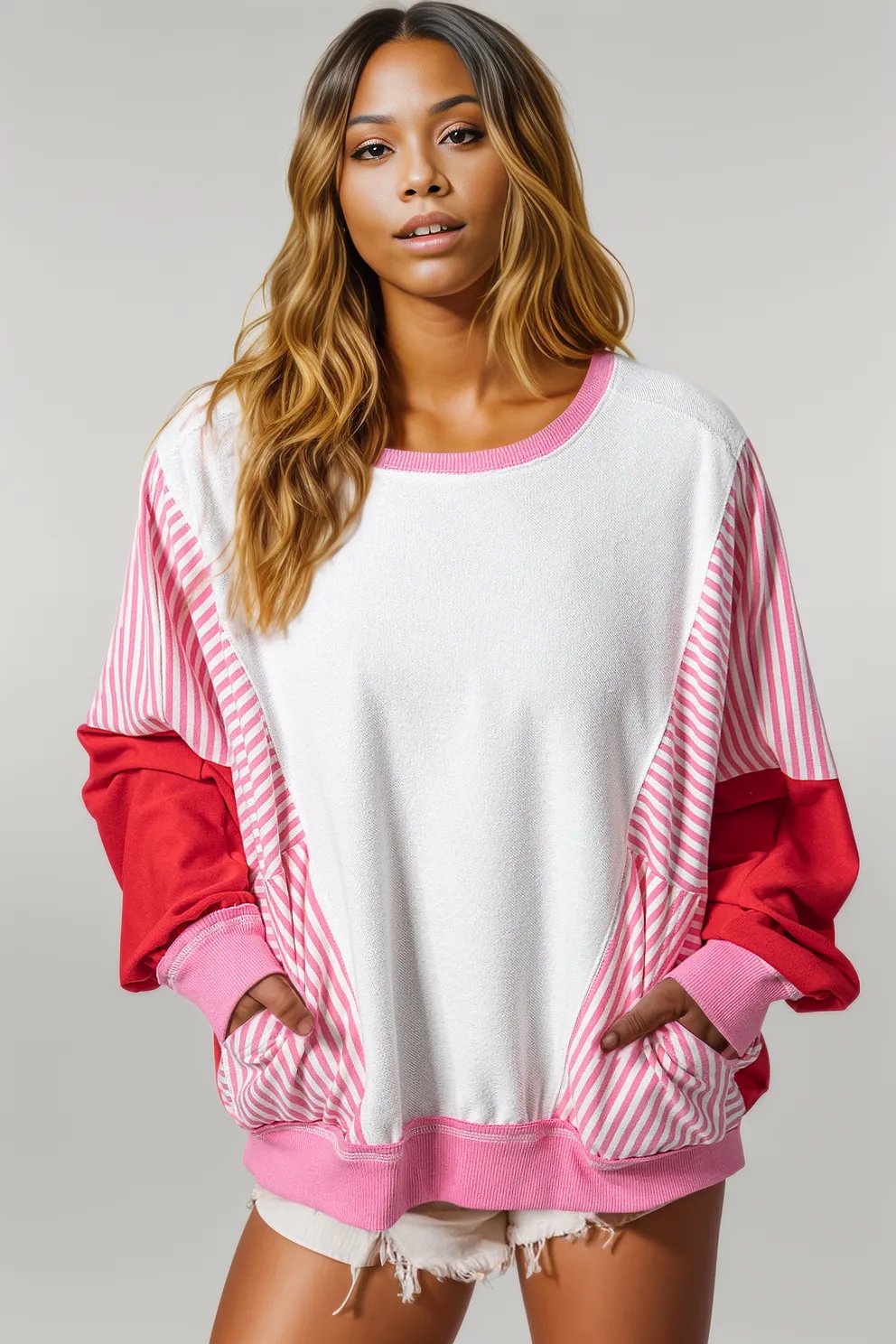 Rose Red Striped Patchwork Batwing Sleeve Pocketed Sweatshirt