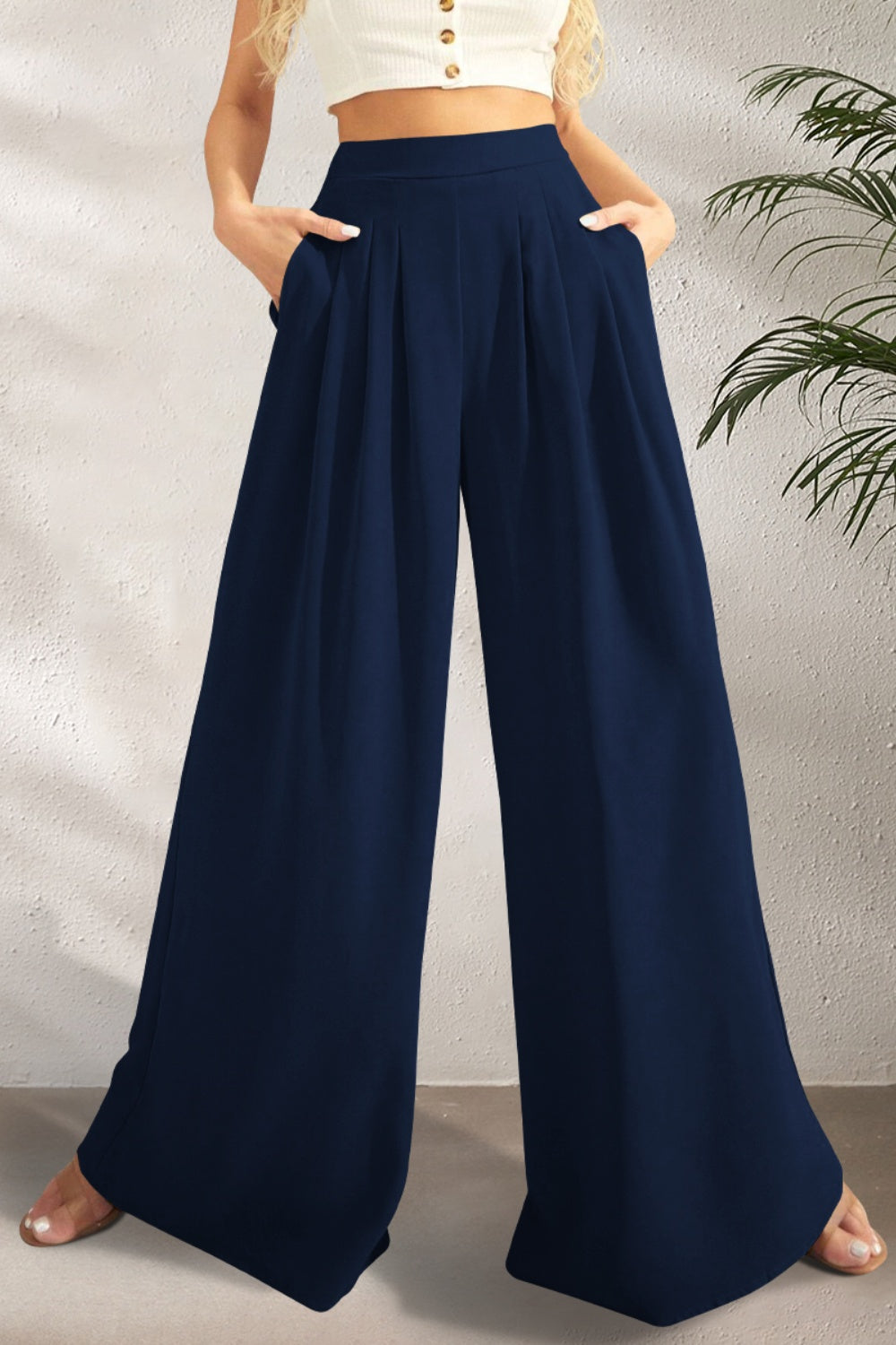 FAM-FAM High Waist Wide Leg Pants Dark Blue