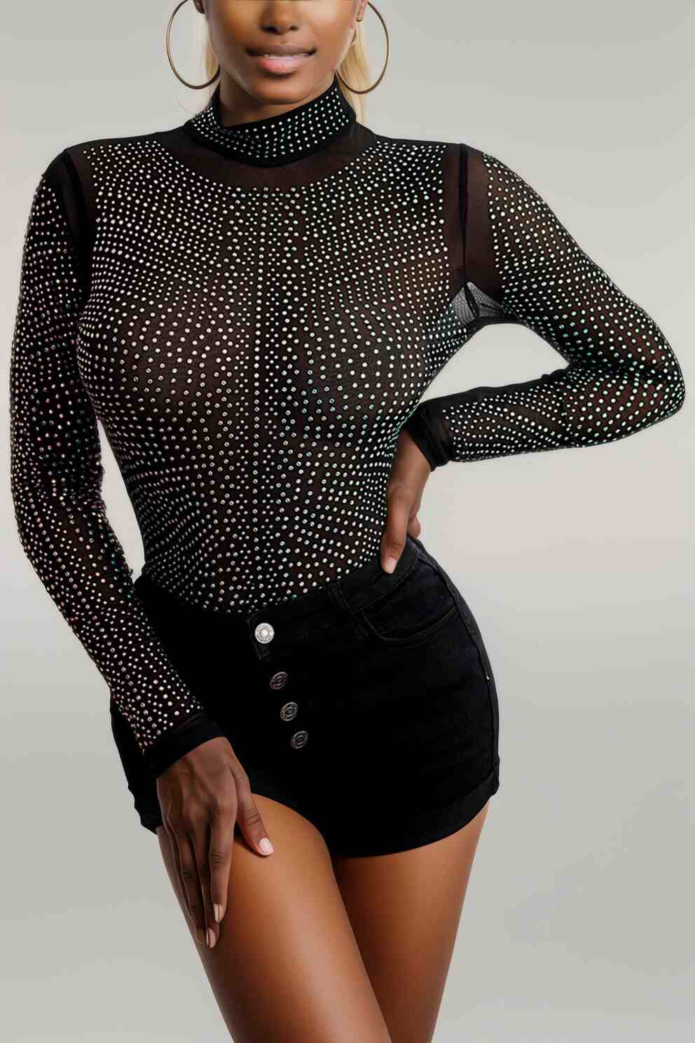 Rhinestone Mock Neck Long Sleeve Bodysuit Black