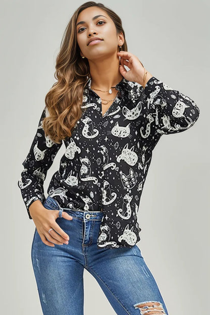 Cat Print Button-Up Shirt Black