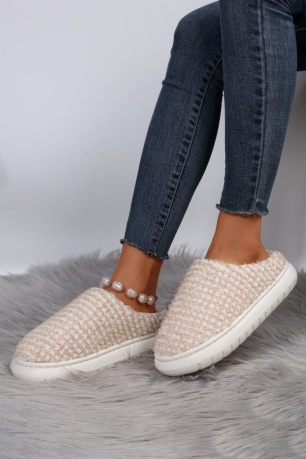 Pale Khaki Two-tone Knitted Warm Homewear Slippers-Shoes & Bags/Slippers-HTO Apparel-Dear-Lover