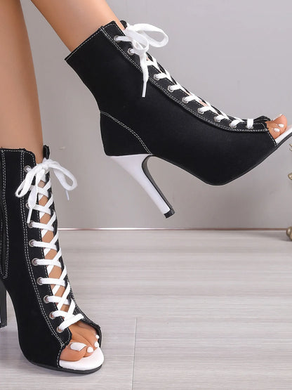 Canvas Lace-Up Peep Toe Stiletto Ankle Boots