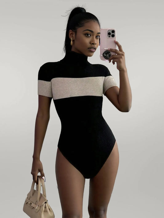 Color Block Turtleneck Ribbed Bodysuit