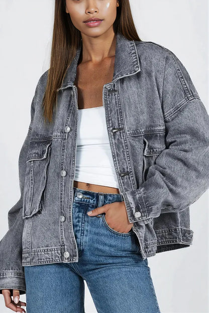 Collared Neck Button Up Denim Jacket Gray