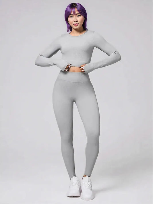 Back Crisscross Round Neck Long Sleeve Top and Leggings Active Set Light Gray